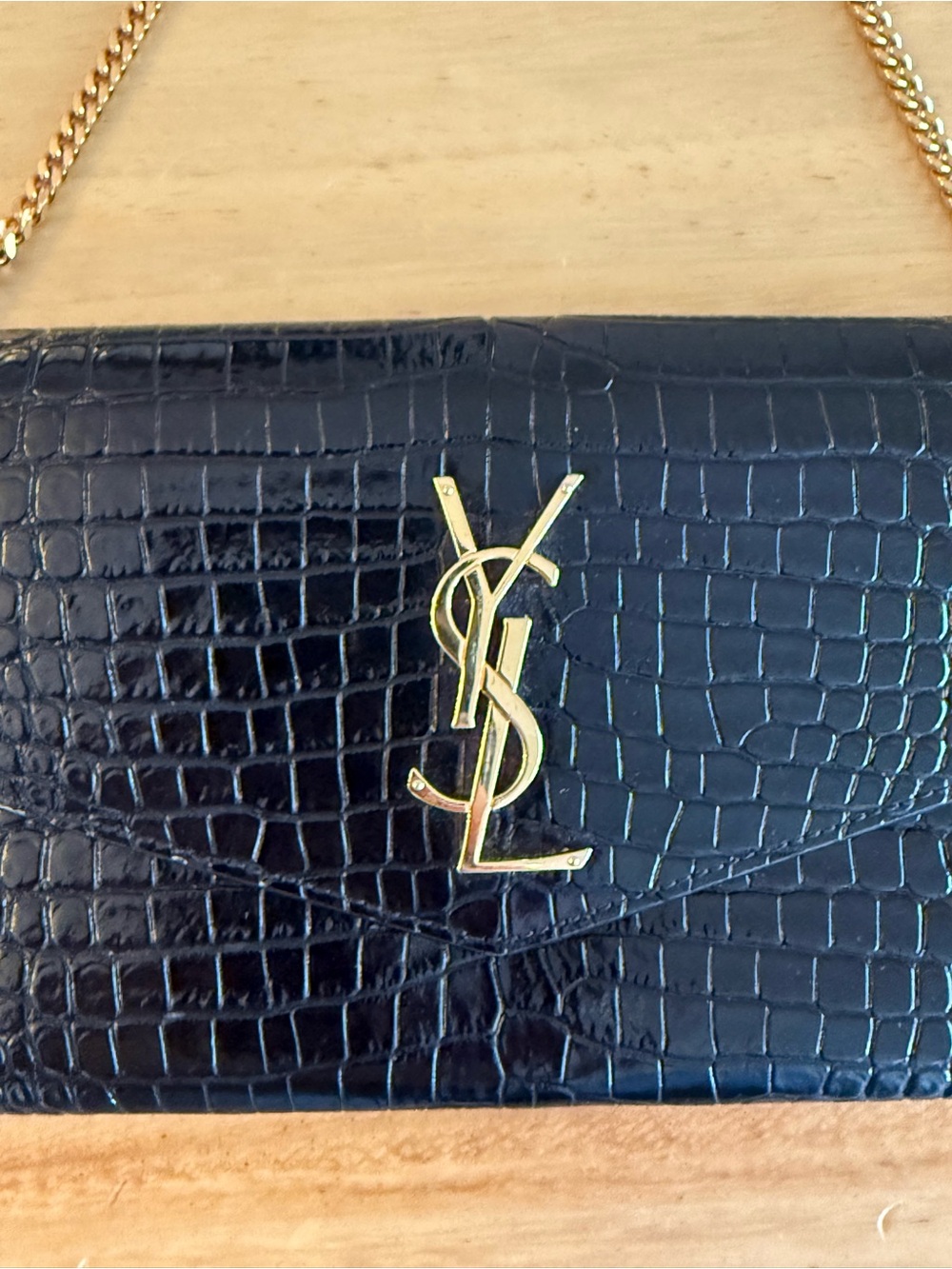 Yves Saint Laurent Black Croc-Embossed Envelope Crossbody with Gold Hardware - Picture 2 of 9